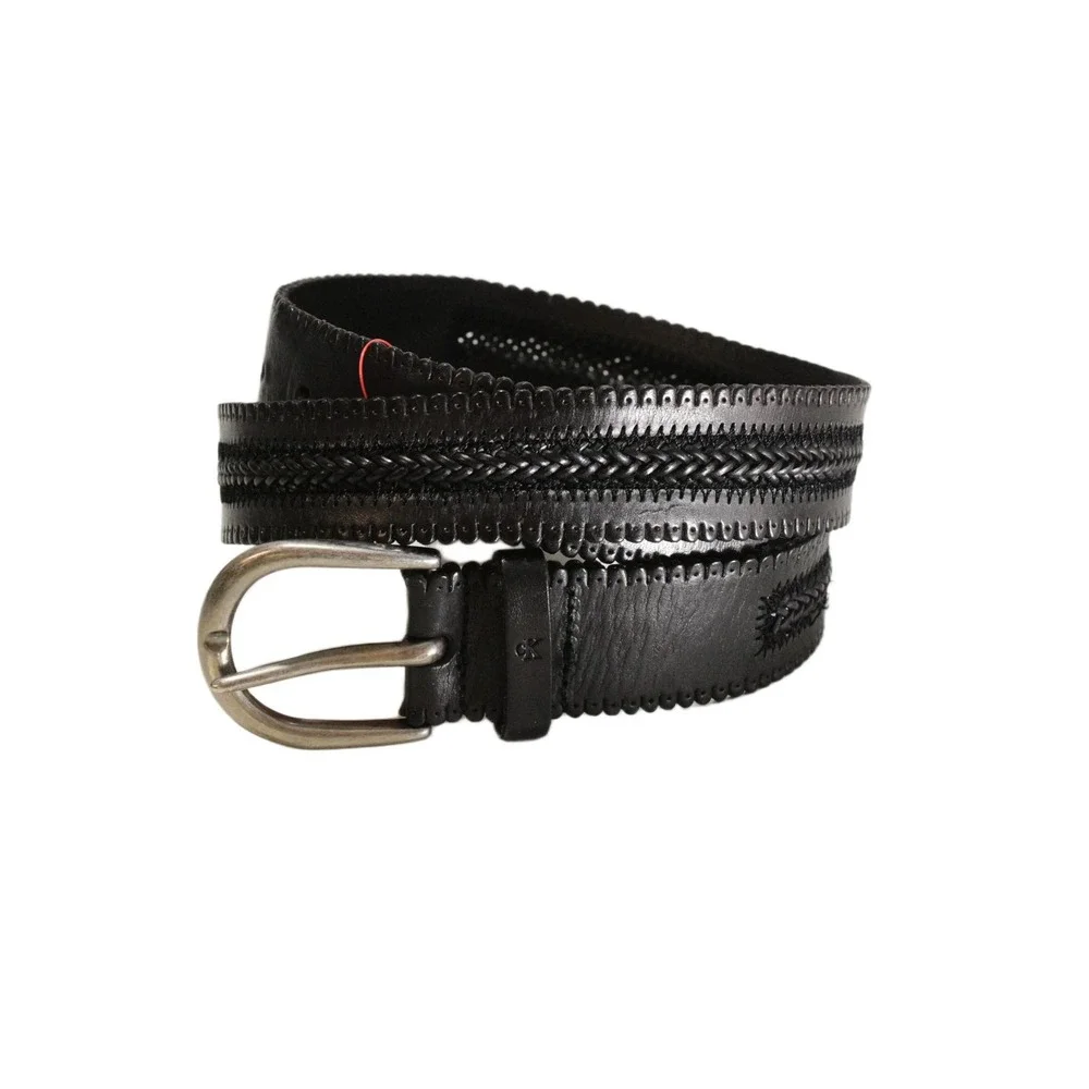 Modern Calvin Klein Braided Leather Belt Mens L Black Scalloped Edge Buckle